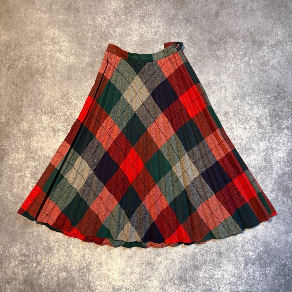 Vintage Pandora Plaid Pleated‎ Midi Skirt Red Green Gray Tartan Made in USA 00